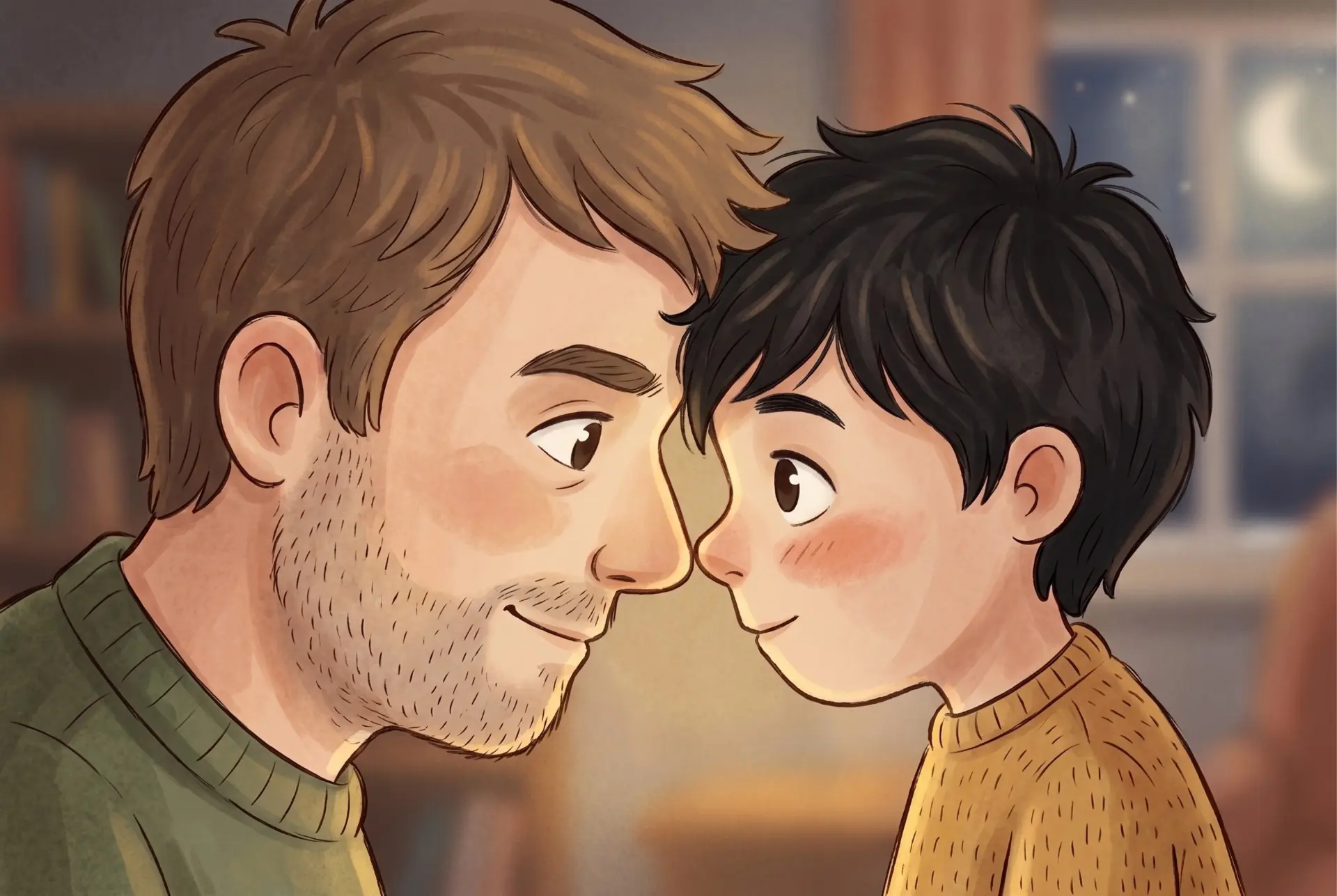 Mino und sein Papa lehnen ihre Stirnen aneinander, im Hintergrund ein Bücherregal und der Mond am Fenster